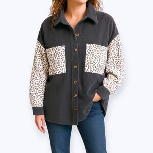 Corduroy Shirt Shacket Leopard Patch 2X Gray Oversized Button Up Colorblock Boho